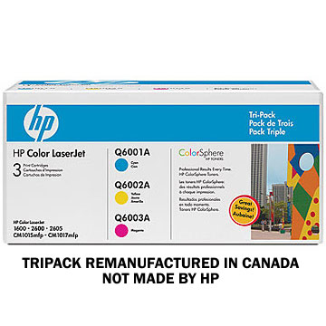 HP CE257A - HP 124A REMANUFACTURED MADE IN CANADA 3 PACK Color Toner HP 1600 2600N 2605 CM1015